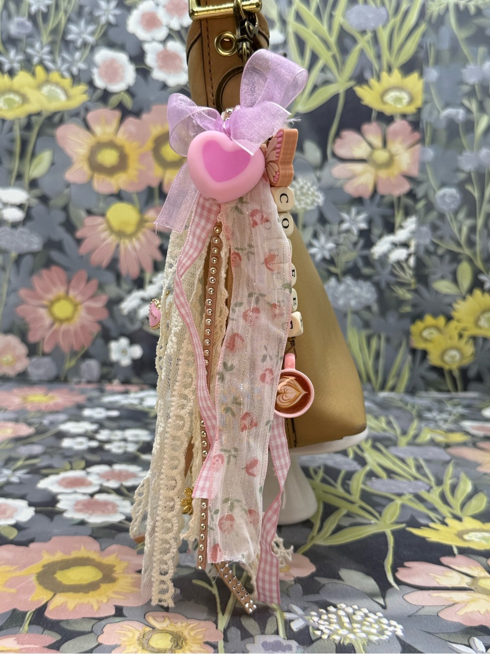 Adorned Crown Jewelry purse bag charm keychain coffee fabric tassel